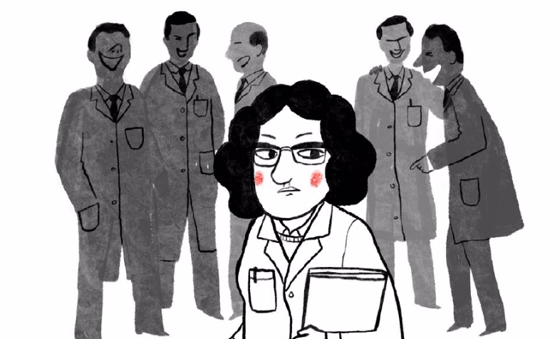 Illustration de l'effet Matilda avec des hommes riant d'une scientifique