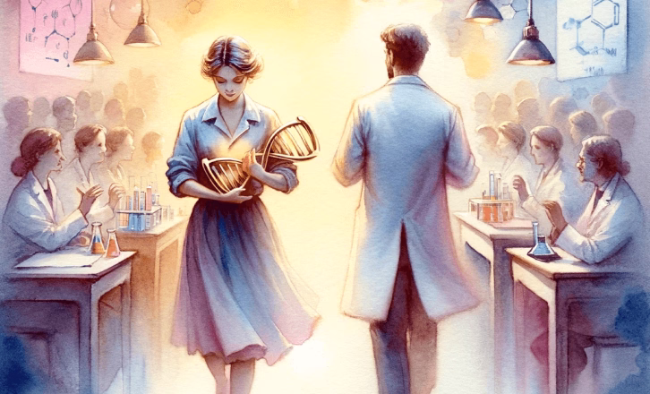 Dessin d'une femme scientifique passant à coté d'un homme avec la science dans les mains